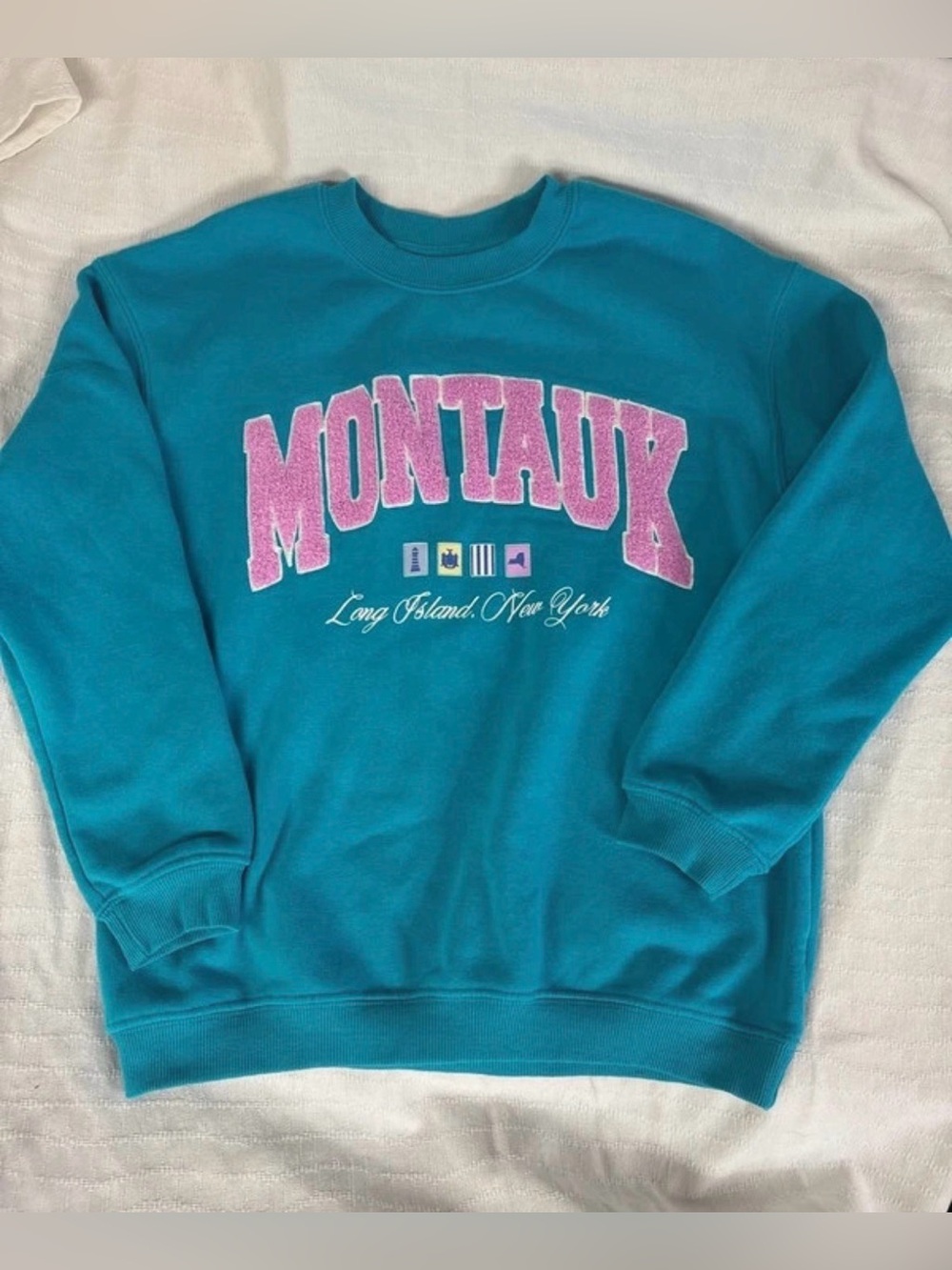 Target Teal Crewneck Sweatshirt with Pink 'MONTAUK' Appliqué